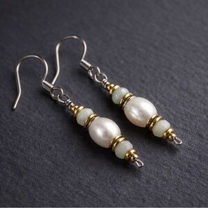 JD1 Natural Jade & Freshwater Pearl Mixed Metal Dangle Earrings Stainless Steel
